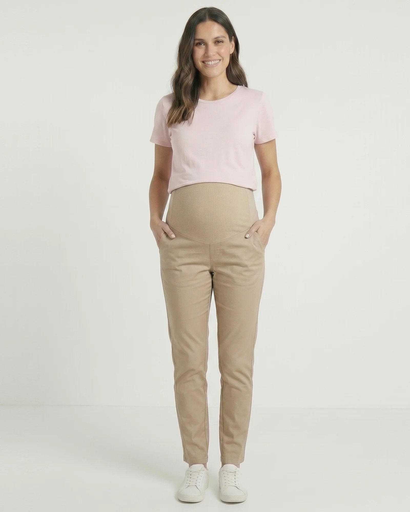 Pantalón Materno de Drill Beige | Skinny con Fajón Elástico