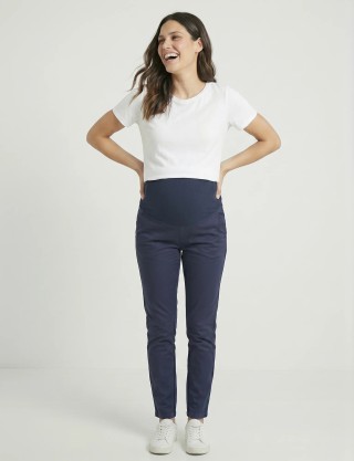 Pantalón Materno de Drill Azul Navy | Skinny con Fajón
